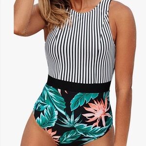 Green Striped And Leafy One-piece Swimsuit Bathing Suit NWT Size XL